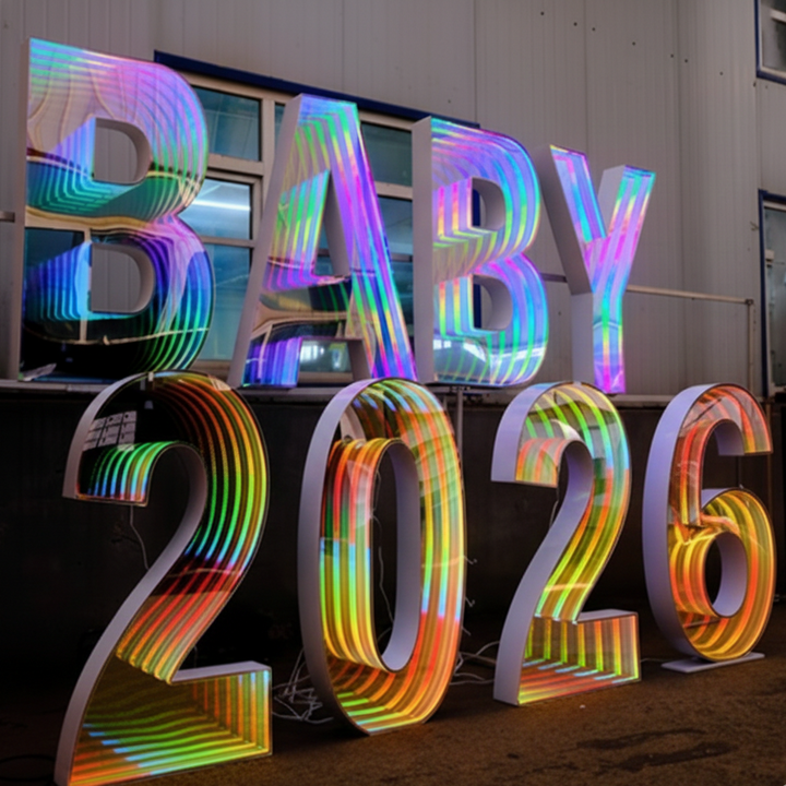 Large custom BABY 2026 LED sign featuring a vibrant rainbow infinity mirror effect