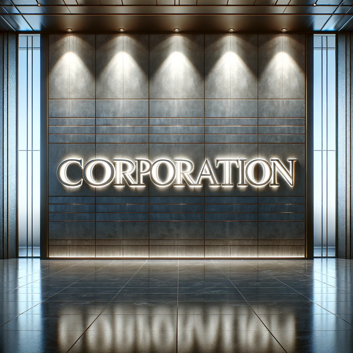 Illuminated custom LED neon sign spelling CORPORATION on a dark textured lobby wall.