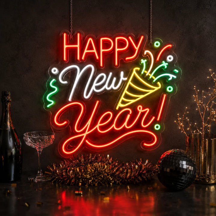 Happy New Year LED neon wall sign with red, white, green, and yellow lighting for festive party and nightclub celebration decor.
