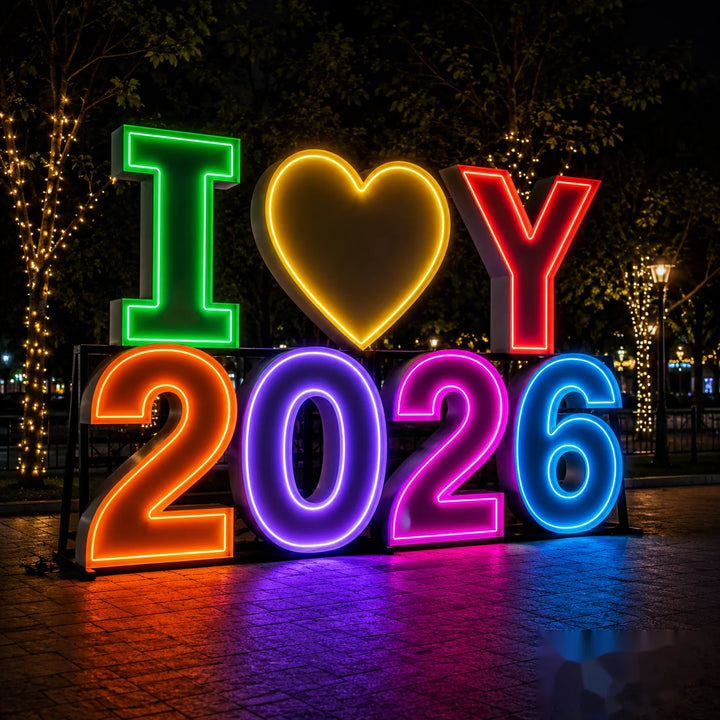 Large RGB illuminated “I Love 2026” LED number display with glowing heart icon and vibrant multicolor lighting for New Year celebrations, countdown events, festivals, and outdoor photo backdrops.