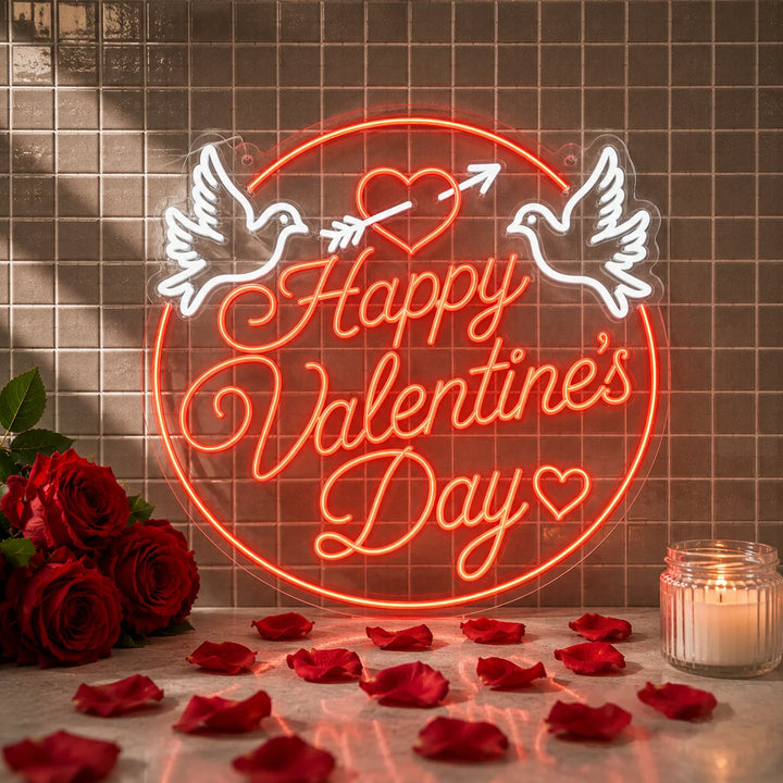Happy Valentine’s Day acrylic neon wall light with glowing red typography, white dove graphics, and romantic rose petal decoration for home celebration decor.