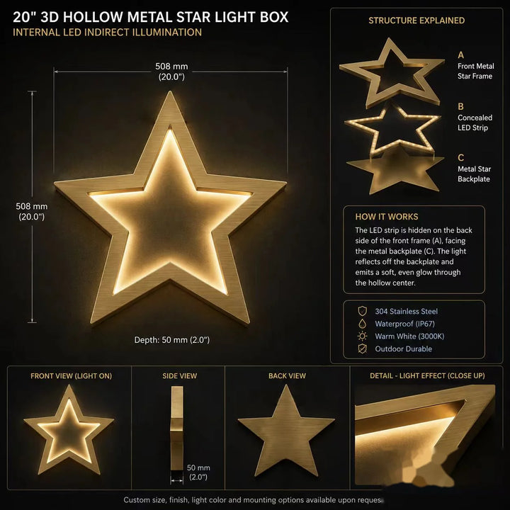 20-inch 3D hollow metal star light box in brushed gold stainless steel with warm white indirect LED illumination.