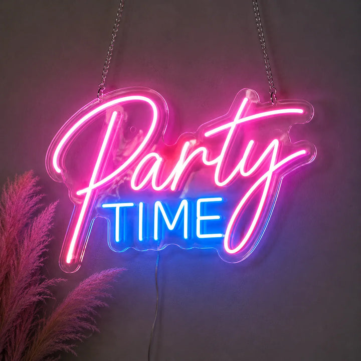Acrylic LED neon sign with pink “Party” lettering and blue “Time” lighting for retro lounge party room decor.
