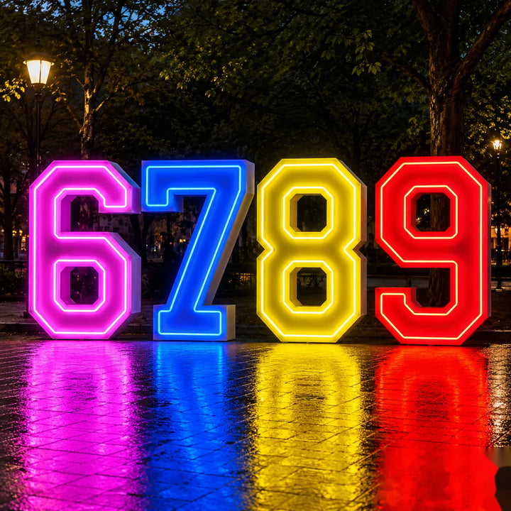 Oversized RGB illuminated numbers 6, 7, 8, and 9 with vibrant pink, blue, yellow, and red LED lighting, displayed outdoors at night for birthdays, anniversaries, milestone celebrations, and event décor installations.