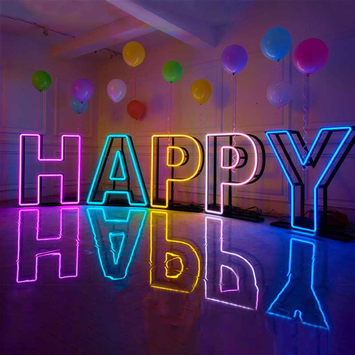 Large 3D Metal Frame Neon Letters – LED Neon Lit Signs for Birthday, Anniversary & Party Decor