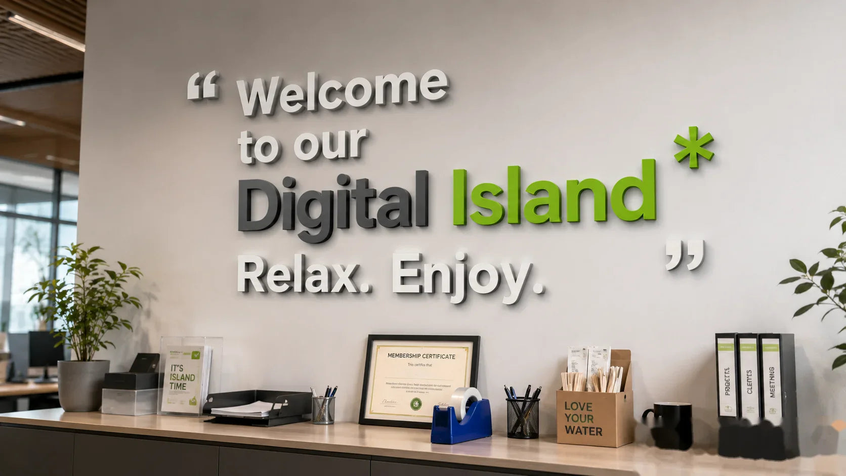 Modern 3D office wall logo signage featuring raised acrylic letters and corporate branding in a contemporary workspace reception area.