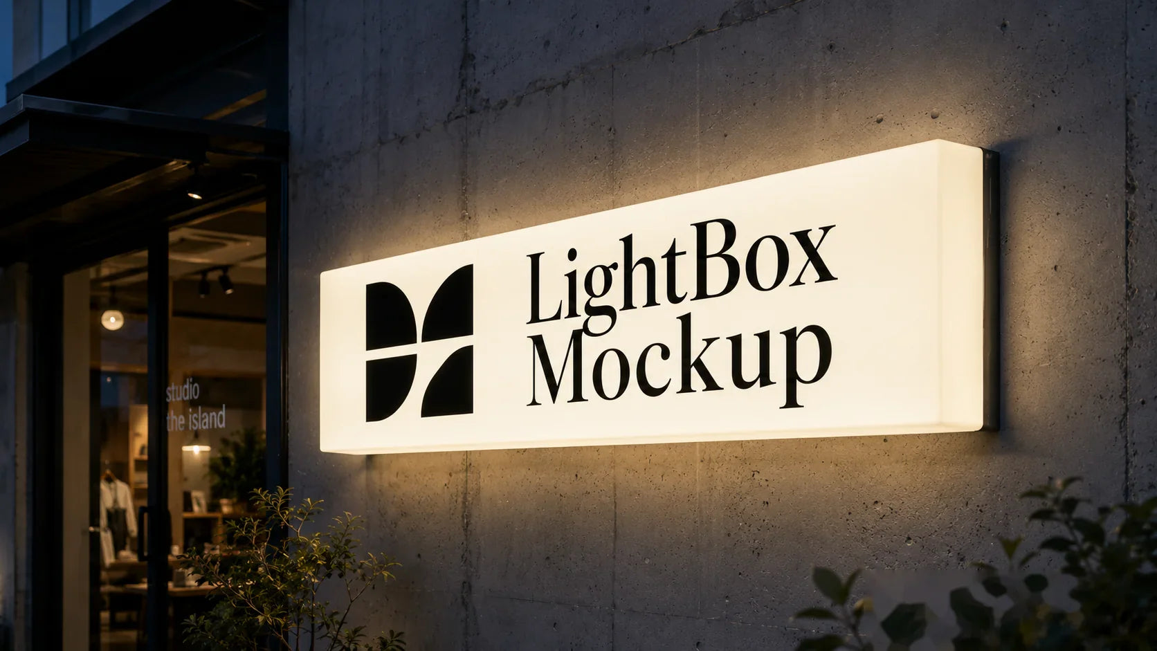 Modern illuminated outdoor lightbox signage mounted on a concrete storefront wall, featuring clean black typography and premium LED backlit display design.