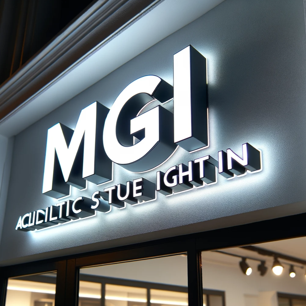 A photo of an acrylic shop sign with LED lighting, prominently displaying the letters 'MGI' mounted above a glass door. The surface of the letters appears to be illuminated, casting a soft glow onto the glass below. The letters are in a bold, modern font, and the lighting creates a halo effect around each character, emphasizing the sign's visibility and modern aesthetic. The scene suggests it's evening, and the sign's light offers a welcoming ambiance to the storefront.