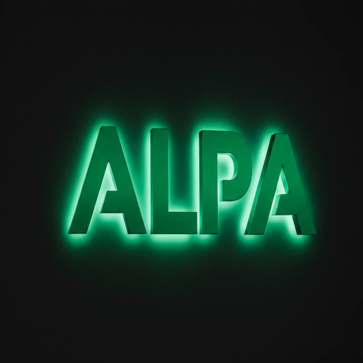 A professional 3D halo-lit channel letter sign for "ALPA" featuring a solid GREEN front and vibrant green LED backlighting. The signage is mounted on a minimalist matte black background, showcasing high-precision metal fabrication and sophisticated lighting contrast suitable for luxury retail.