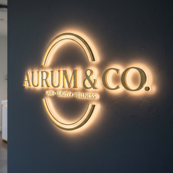 An elegant interior brand signage for &