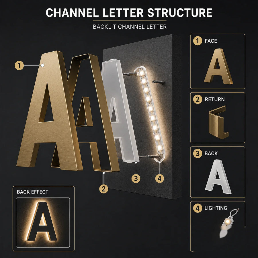 3D channel letters structure diagram with acrylic face, aluminum return, back panel and LED modules