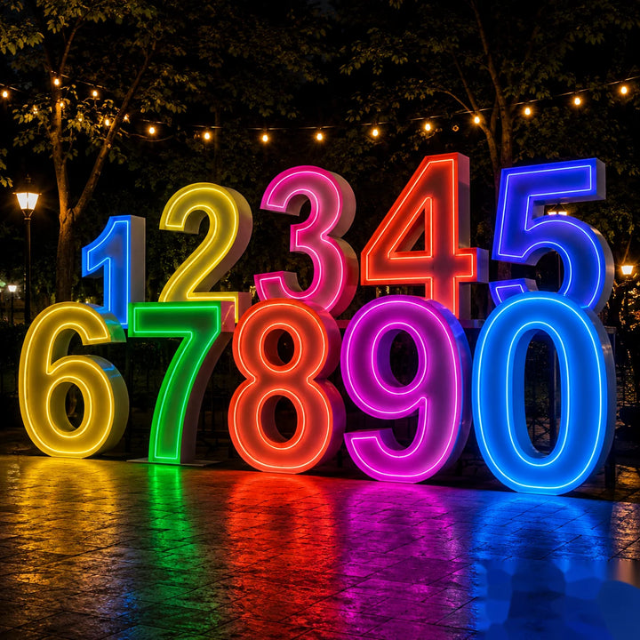 Large multicolor RGB light-up numbers 0–9 displayed outdoors at night with illuminated string lights, ideal for birthdays, anniversaries, milestone celebrations, corporate events, and custom event décor.