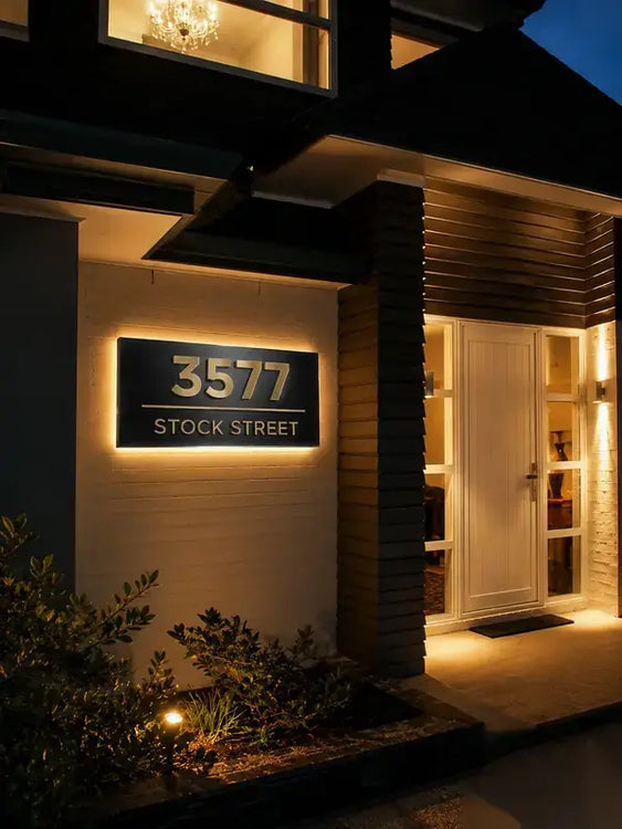 A modern house exterior at night with a illuminated address sign reading 3577 STOCK STREET on the wall beside the front door.