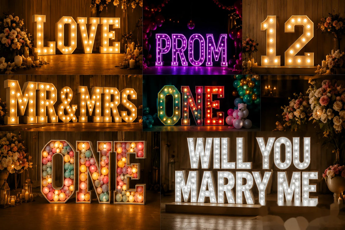 Large marquee letters product family including LOVE, PROM, numbers, MR and MRS, ONE, and marry me letters