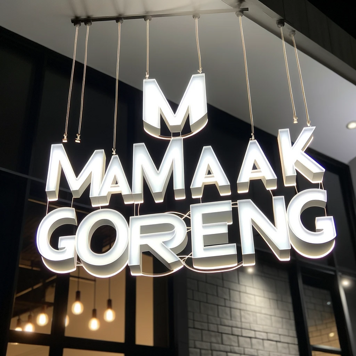 Custom white LED sign spelling M Mamaak Goreng hanging from a dark ceiling