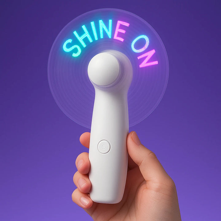 White 5-inch handheld LED fan displaying a colorful “SHINE ON” message against a purple background.