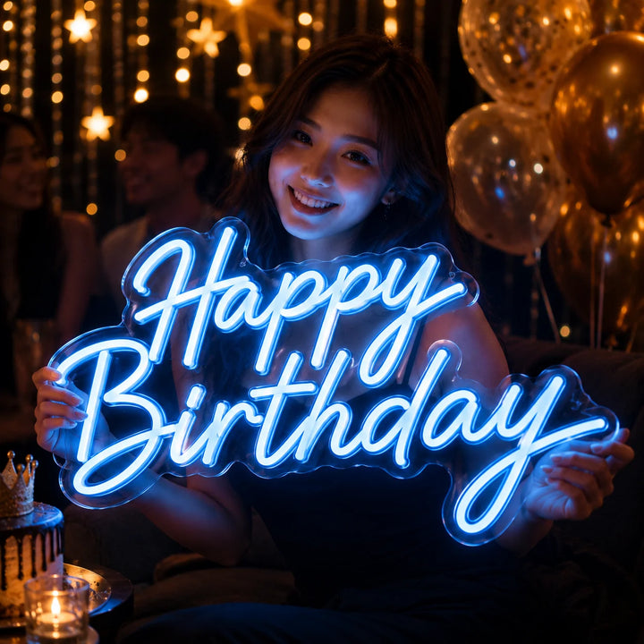 Acrylic LED neon sign with blue “Happy Birthday” script lighting for luxury birthday party and celebration backdrop decor.