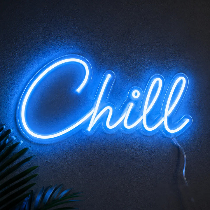 Minimalist blue “Chill” neon light sign glowing on a textured wall, ideal for gaming rooms, bedrooms, streaming setups, and modern home decor.