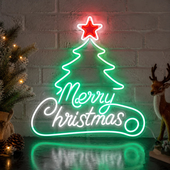 Merry Christmas acrylic LED neon sign with glowing green Christmas tree and red star lighting for festive holiday wall decor.