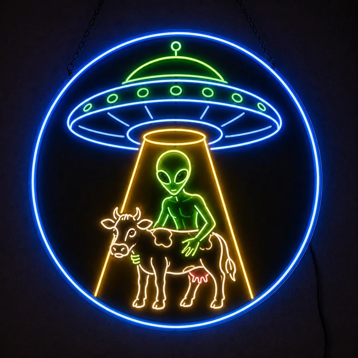 Blue UFO alien abduction cow LED neon sign with green alien and glowing tractor beam
