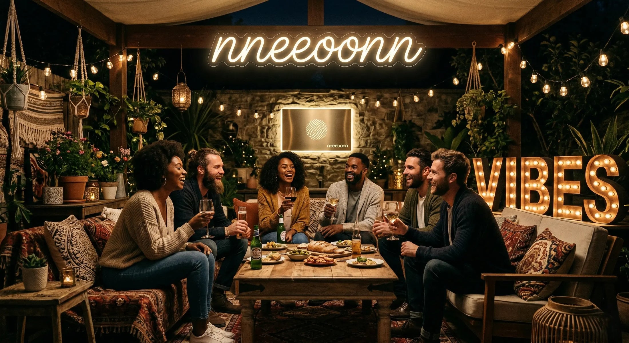 A warm and inviting outdoor patio gathering featuring friends enjoying drinks under a custom white script 'nneeoonn' neon sign and decorative string lights. This lifestyle hero banner highlights nneeoonn's custom LED neon solutions for social events and backyard parties in Los Angeles, CA.