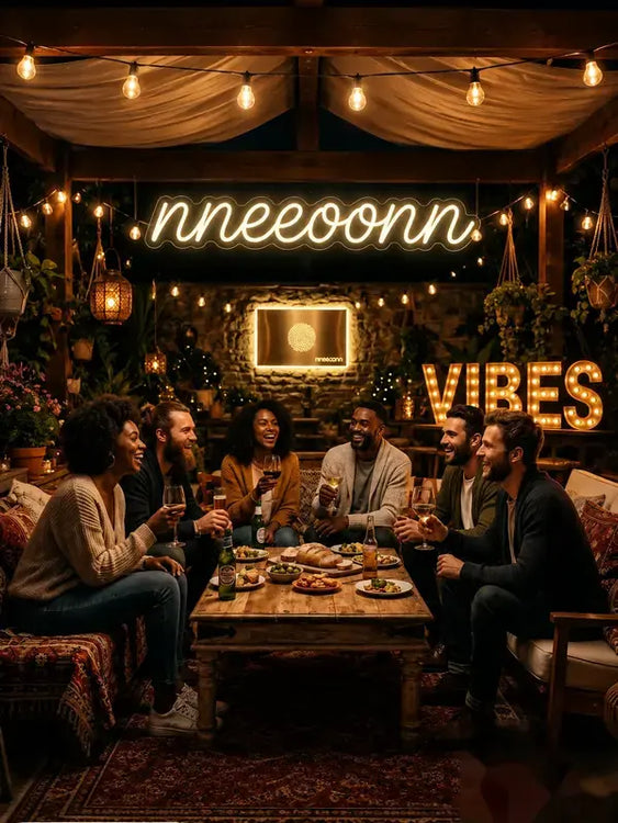 A group of five friends laughing and drinking around a rustic wooden table in a cozy, warmly lit bar or lounge. The background features a glowing neon sign that reads 'nneoonn' and a marquee-style sign that reads 'VIBES'.