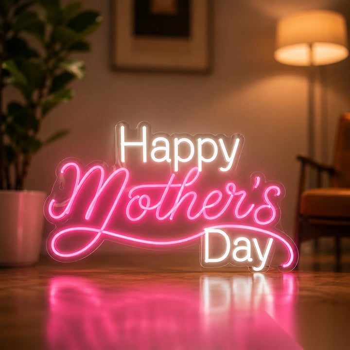 Mother’s Day LED neon sign with pink cursive typography and white lighting for elegant home party and seasonal wall decor.